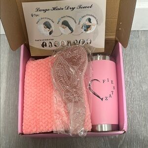 Fiestaz Pink Large Hair Dry Towel, Brush & Stainless Steel Tumble Set NEW IN BOX